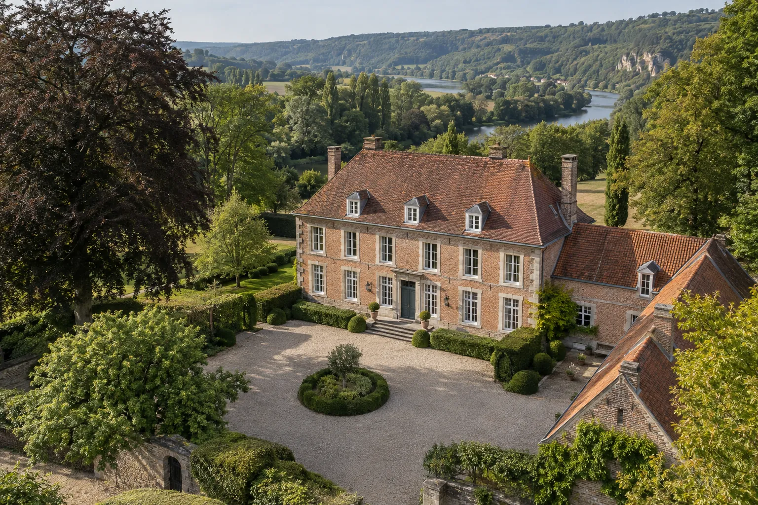 Vue aérienne d’un manoir en briques rouges entouré d’arbres