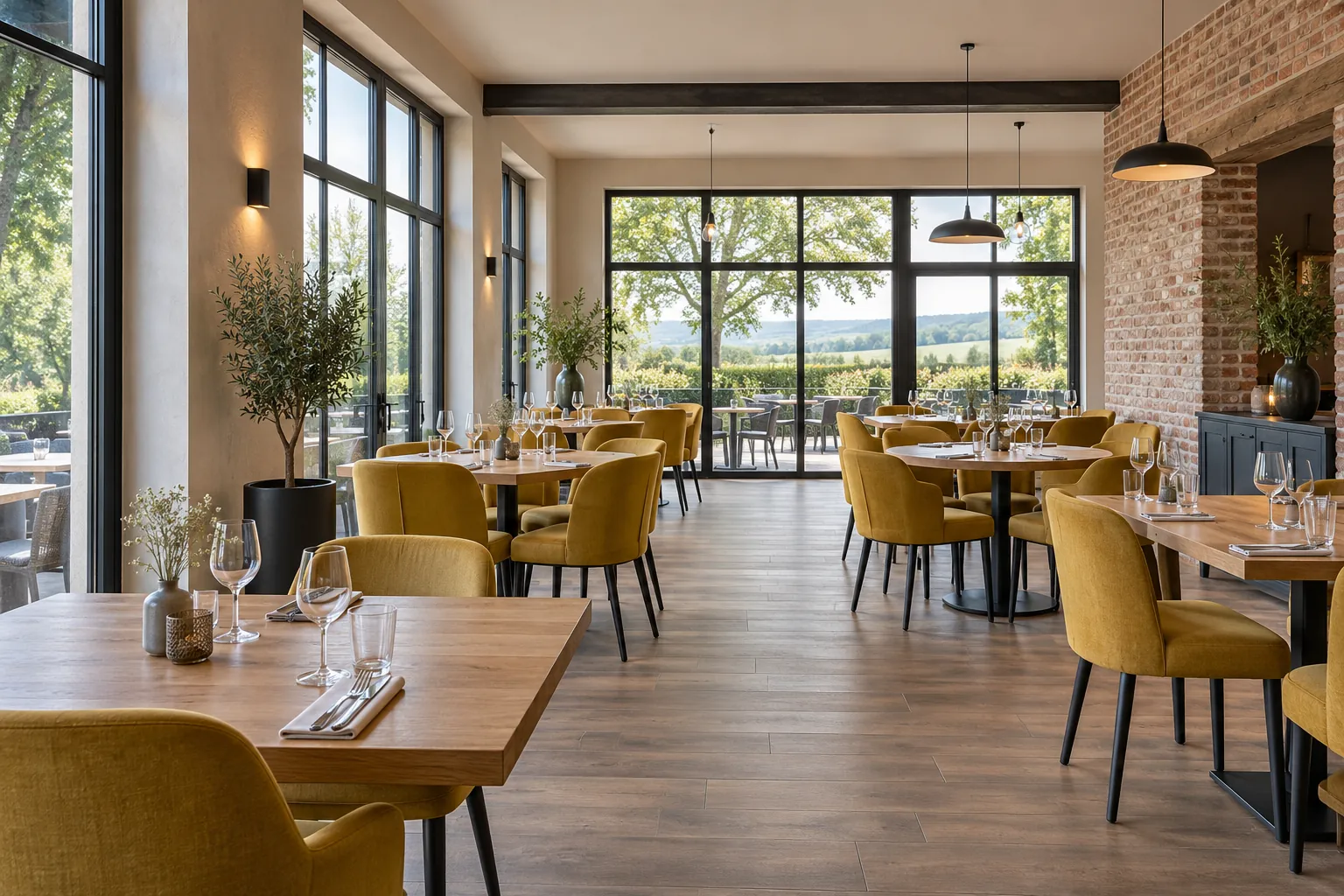 Intérieur de restaurant moderne aux chaises jaune moutarde