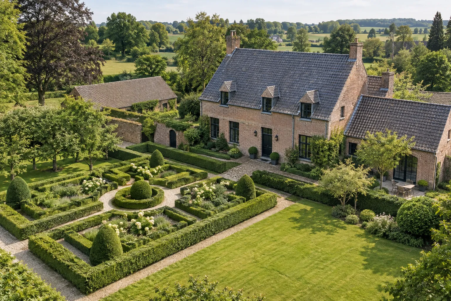 Vue aérienne d’une maison de campagne en briques avec un jardin de haies taillées